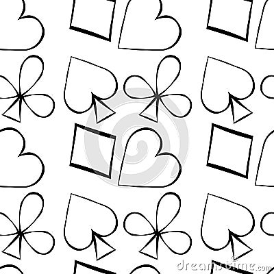 Seamless pattern playing cards suit Bubi, hearts, crosses, blame Vector Illustration