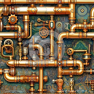 Seamless pattern with plumbing pipes and valves. Repetitive industrial background. Generative AI Stock Photo