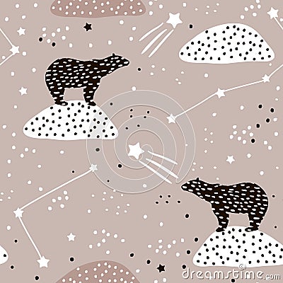 Seamless pattern with polar bears silhouette and Constellations . Perfect for fabric,textile.Vector background Stock Photo