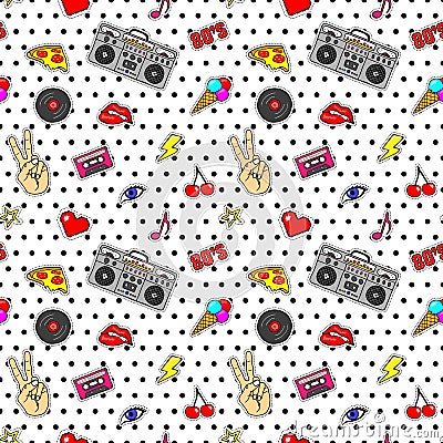 Seamless pattern with pop art stickers with lips, hand, eye, tape recorder, cassette, vinyl record, heart, lightning on dotted tex Vector Illustration