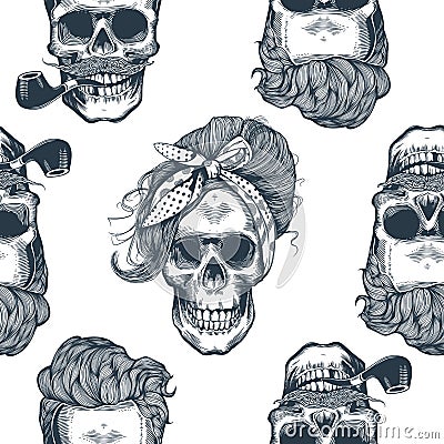 Seamless pattern in pop art style with skeleton womens heads, fashion scarf and hairstyle, against triangle and purple Vector Illustration