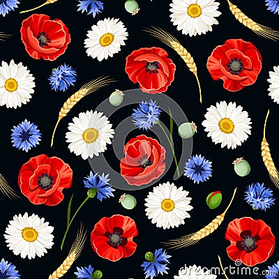 Seamless pattern with poppies, daisies and cornflowers. Vector illustration. Vector Illustration