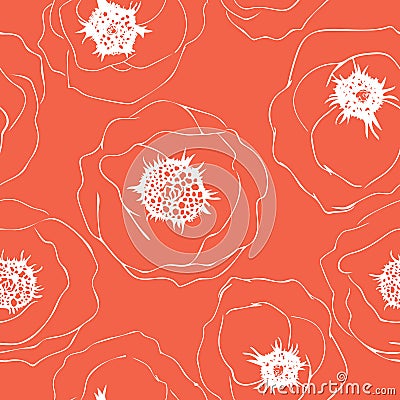 Seamless pattern with poppies. Linear doodle art Vector Illustration