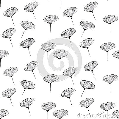 Seamless pattern - poppy flower drawing with a simple pencil for wrapping paper, on white background, fabric print, wallpaper, Stock Photo