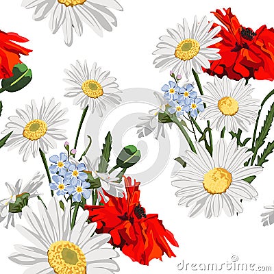 Seamless pattern of poppy flowers with chamomile camomile, leaves, and forget-me-not flowers on white background. Stock Photo