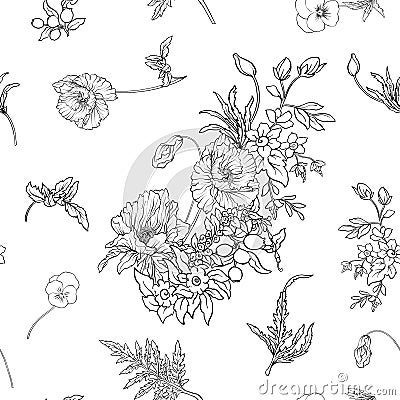 Seamless pattern with poppy flowers daffodil, anemone, violet in Vector Illustration