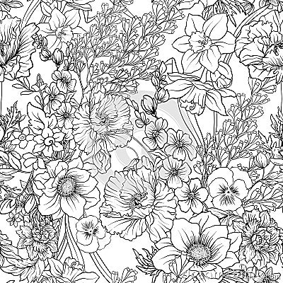 Seamless pattern with poppy flowers daffodil, anemone, violet in Vector Illustration