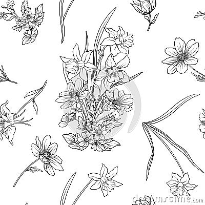 Seamless pattern with poppy flowers daffodil, anemone, violet in Vector Illustration