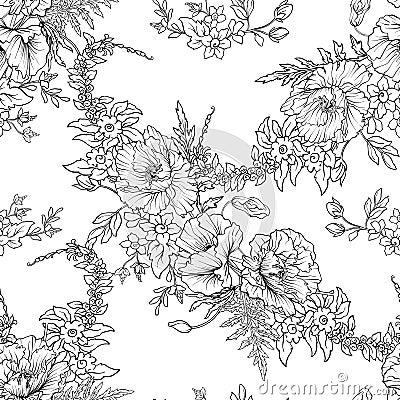 Seamless pattern with poppy flowers daffodil, anemone, violet in Vector Illustration