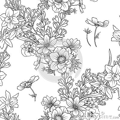 Seamless pattern with poppy flowers daffodil, anemone, violet in Vector Illustration