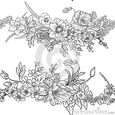 Seamless pattern with poppy flowers daffodil, anemone, violet in Vector Illustration