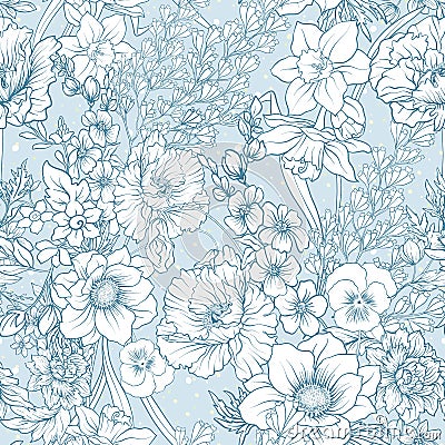 Seamless pattern with poppy flowers, daffodils, anemones, violet Vector Illustration