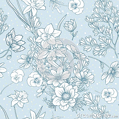 Seamless pattern with poppy flowers, daffodils, anemones, violet Vector Illustration