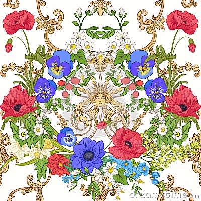 Seamless pattern with poppy flowers, daffodils, anemones, violet Vector Illustration