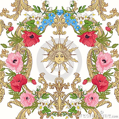 Seamless pattern with poppy flowers, daffodils, anemones, violet Vector Illustration