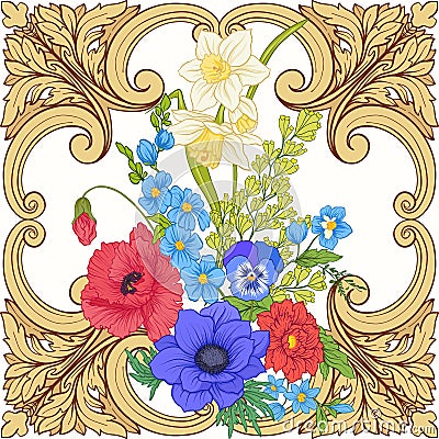 Seamless pattern with poppy flowers, daffodils, anemones, violet Vector Illustration