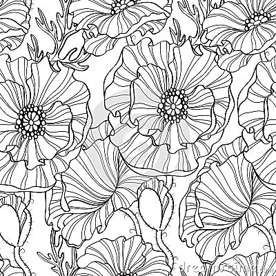 Seamless pattern with poppy flowers. Floral background. Black and white illustration Vector Illustration