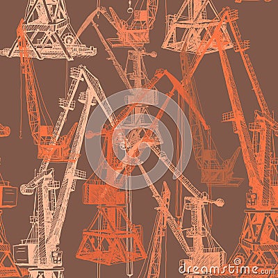 Seamless pattern Port crane machinery Building Tower construction. Hand drawn sketch illustration. Beige orange silhouette on Vector Illustration