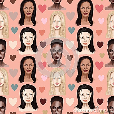 Seamless pattern portraits of women of different races pink background Stock Photo