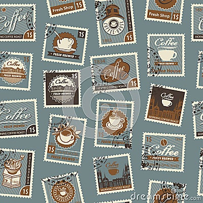 Seamless pattern with postage stamps coffee theme Vector Illustration