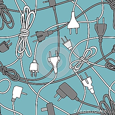 Seamless pattern with cables and power plugs Vector Illustration