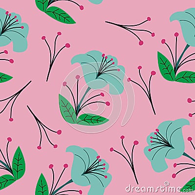 Seamless pattern of pretty blue flowers with nice cute leaves Vector Illustration