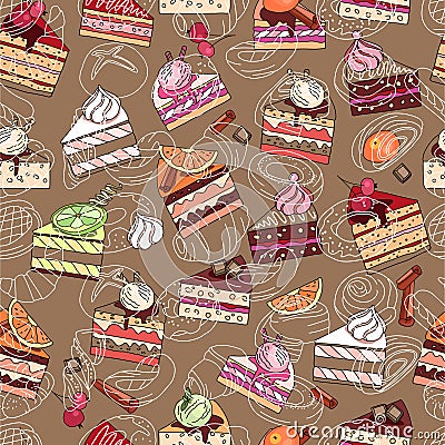 Seamless pattern with pretty cake slices. Different taste and color Stock Photo
