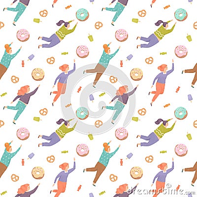 Seamless pattern with pretty women trying to reach out for the sweets Stock Photo