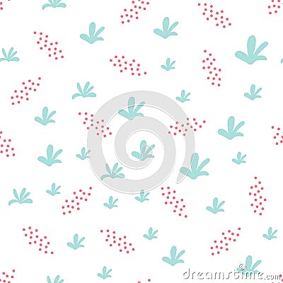 Seamless pattern of primitive simple elements, leaves, plants, dots. Print for fabric, wallpaper, children`s clothing, decor, Vector Illustration