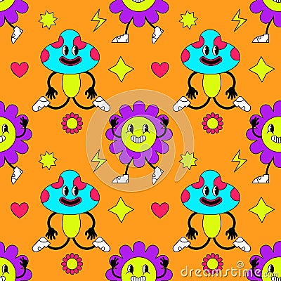 Seamless pattern with psychedelic characters. Trendy vector print. Abstract design of cartoon stickers. Trend vector Vector Illustration
