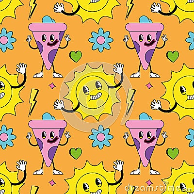 Seamless pattern with psychedelic characters. Trendy vector print. Abstract design of cartoon stickers. Trend vector Vector Illustration