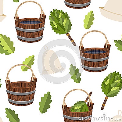 Seamless pattern public baths wood bucket spa sauna accessories Vector Illustration