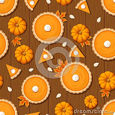 Seamless pattern with pumpkin pies and pumpkins on a wooden background Vector Illustration