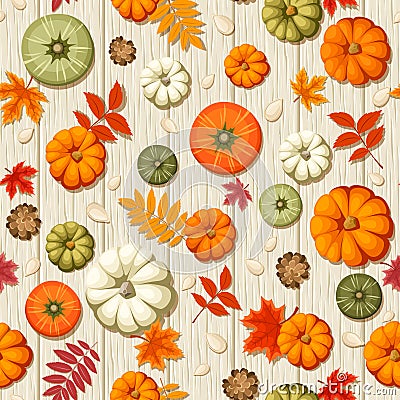 Seamless pattern with pumpkins and autumn leaves on a wooden background. Vector illustration. Vector Illustration