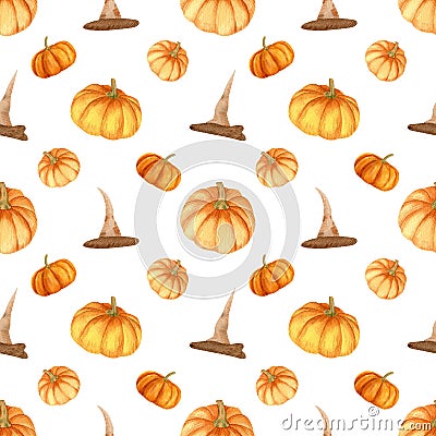 Seamless pattern with pumpkins and heats. Watercolor Background for textile, halloween decor, fall souvenirs Stock Photo