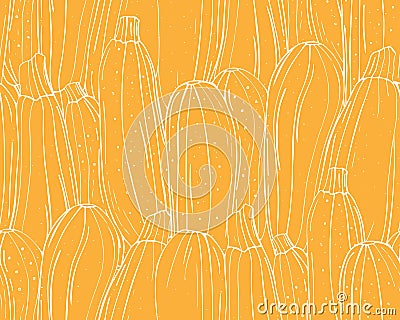 Seamless pattern of pumpkins white outline on a yellow background Stock Photo