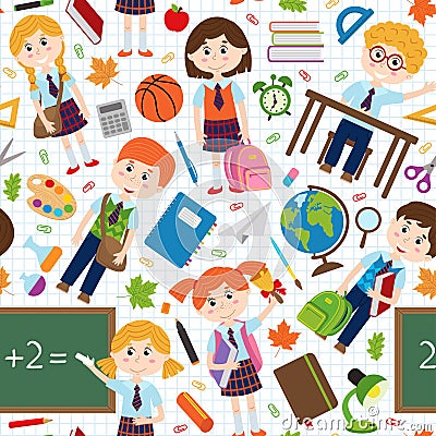 Seamless pattern with pupils and school supplies Vector Illustration