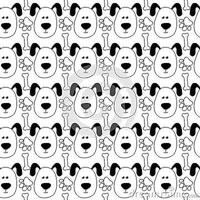 Seamless pattern with puppy, bones and paws in doodle style. Black and white vector dogs background Vector Illustration