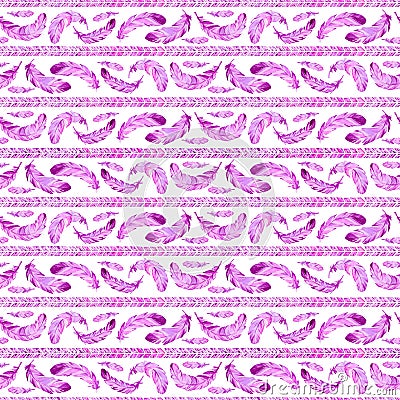 Seamless pattern purple feather and ornament boho style Stock Photo