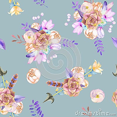 A seamless pattern with purple flowers, leaves, feathers, arrows and branches Stock Photo