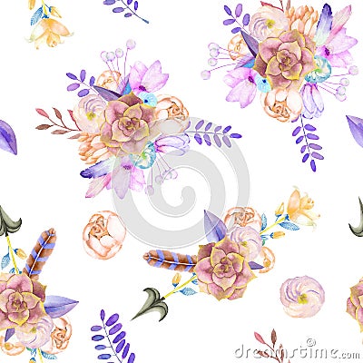 A seamless pattern with purple flowers, leaves, feathers, arrows and branches Stock Photo