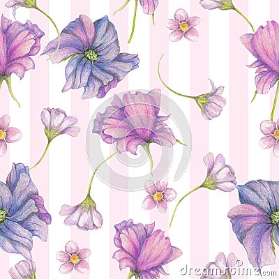 Seamless pattern of purple garden flowers,hand drawn floral pattern Stock Photo