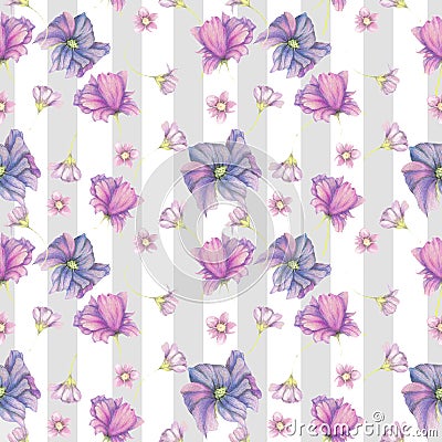 Seamless pattern of purple garden flowers,hand drawn floral pattern Stock Photo