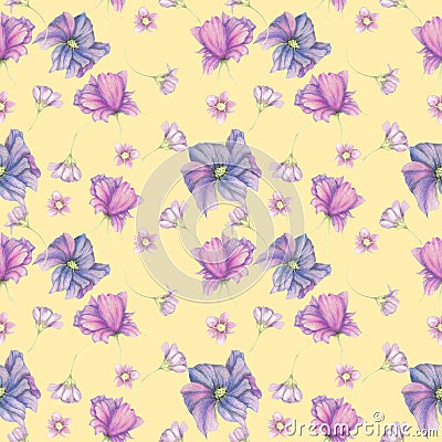 Seamless pattern of purple garden flowers,hand drawn floral pattern Stock Photo