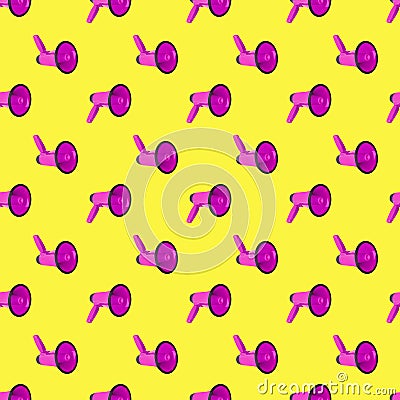 Seamless pattern of purple megaphones on yellow background isolated, pink loudspeakers art backdrop, violet loudhailers ornament Stock Photo