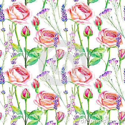 Seamless pattern of a purple roses, bluebell and lavender. Cartoon Illustration