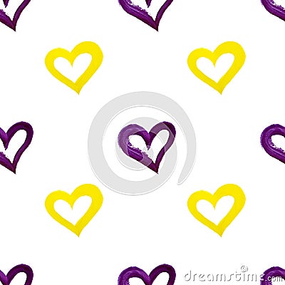 Seamless pattern purple and yellow hand drawn hearts on white background isolated, watercolor painted heart shape repeat ornament Stock Photo