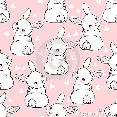 Seamless Pattern Rabbit. Hand Drawn Bunny and heart, print design rabbit background. Seamless. Print Design Textile for Kids Vector Illustration