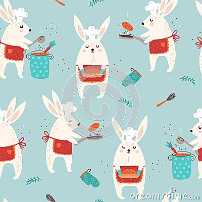 Seamless pattern with rabbits and kitchen accessories, food. Vector illustrations Vector Illustration