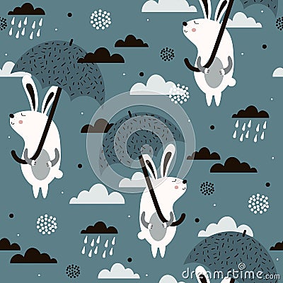 Colorful seamless pattern, rabbits with umbrellas, clouds, rain. Decorative cute background with funny animals, sky Vector Illustration